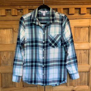 Old Navy Sz M The Classic Shirt Blue, White, Green Plaid Flannel